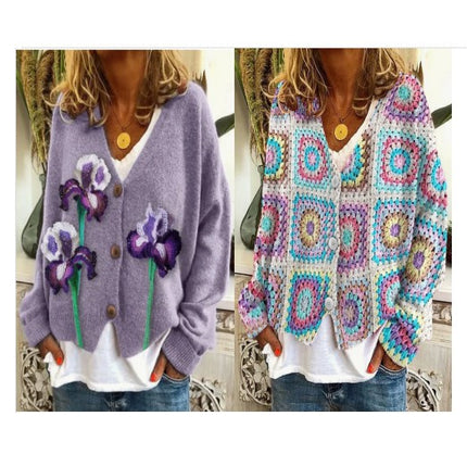 Women's Christmas Abstract Print Casual Cape Coat Button Cardigan Sweater 3