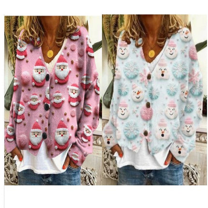 Women's Christmas Abstract Print Casual Cape Coat Button Cardigan Sweater