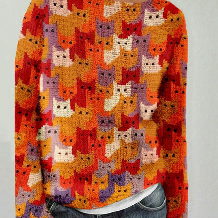 Cat Print Women's Round Neck Soft Sweater Casual Jacket Knitted Cardigan