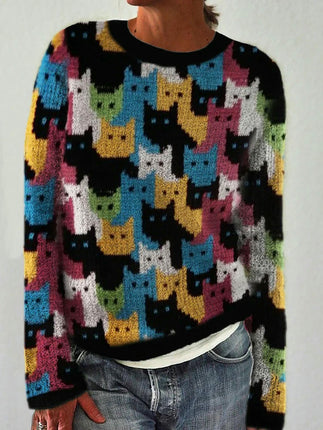 Cat Print Women's Round Neck Soft Sweater Casual Jacket Knitted Cardigan