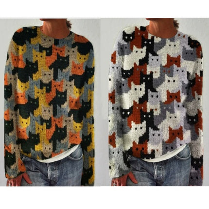 Cat Print Women's Round Neck Soft Sweater Casual Jacket Knitted Cardigan
