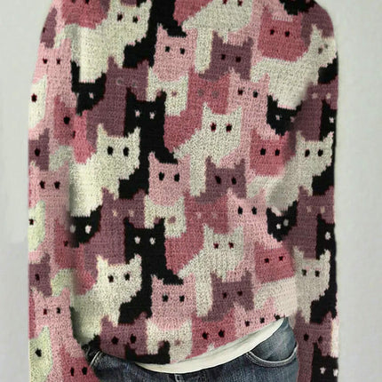 Cat Print Women's Round Neck Soft Sweater Casual Jacket Knitted Cardigan