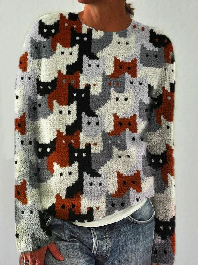 Cat Print Women's Round Neck Soft Sweater Casual Jacket Knitted Cardigan