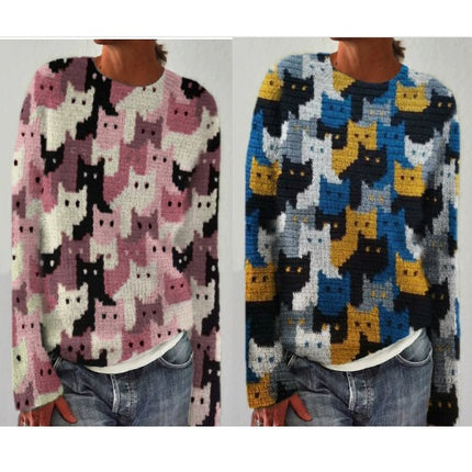 Cat Print Women's Round Neck Soft Sweater Casual Jacket Knitted Cardigan