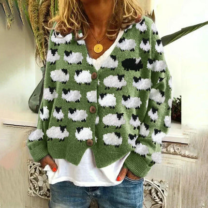 Women's Fun Fall Winter Animal Print Long Sleeve Button Knit Cardigan Jacket