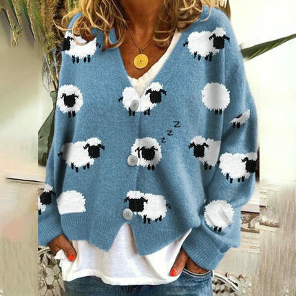 Women's Fun Fall Winter Animal Print Long Sleeve Button Knit Cardigan Jacket