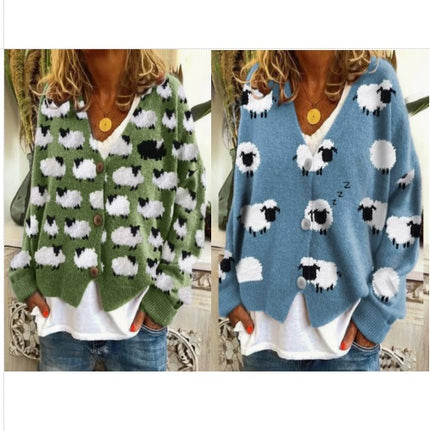 Women's Fun Fall Winter Animal Print Long Sleeve Button Knit Cardigan Jacket