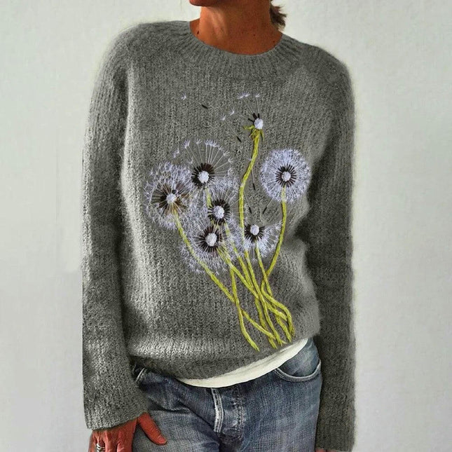 Women's Long Sleeve Soft Sweater 3D Printed Round Neck Knitted Sweater