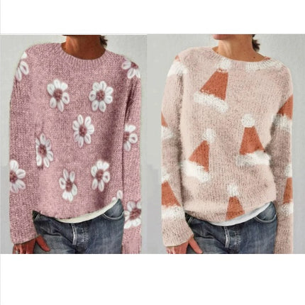 Women's Long Sleeve Soft Sweater 3D Printed Round Neck Knitted Sweater