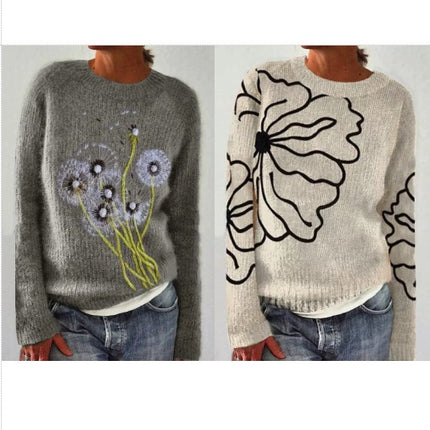 Women's Long Sleeve Soft Sweater 3D Printed Round Neck Knitted Sweater