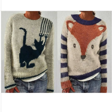 Women's Long Sleeve Soft Sweater 3D Animal Print Round Neck Knit Sweater
