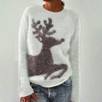 Women's Long Sleeve Soft Sweater 3D Animal Print Round Neck Knit Sweater
