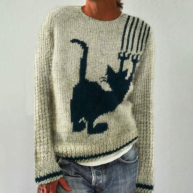 Women's Long Sleeve Soft Sweater 3D Animal Print Round Neck Knit Sweater
