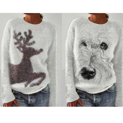 Women's Long Sleeve Soft Sweater 3D Animal Print Round Neck Knit Sweater
