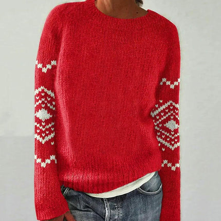 Women's Long Sleeve Casual Sweater Round Neck Jacquard Knit Sweater Coat