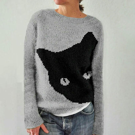 Women's Long Sleeve Casual Sweater Round Neck Jacquard Knit Sweater Coat