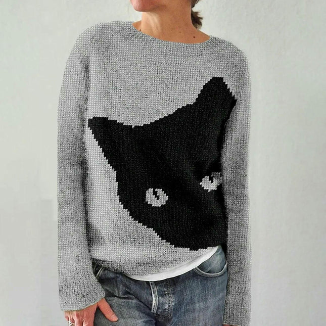 Women's Long Sleeve Casual Sweater Round Neck Jacquard Knit Sweater Coat
