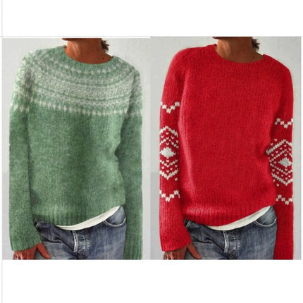 Women's Long Sleeve Casual Sweater Round Neck Jacquard Knit Sweater Coat
