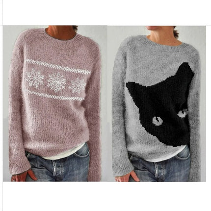 Women's Long Sleeve Casual Sweater Round Neck Jacquard Knit Sweater Coat