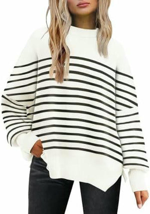 Womens Crew Neck Batwing Long Sleeve Sweater Striped Knit Side Slit Pullover Top