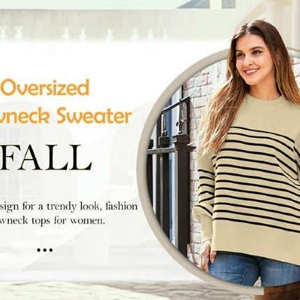 Womens Crew Neck Batwing Long Sleeve Sweater Striped Knit Side Slit Pullover Top