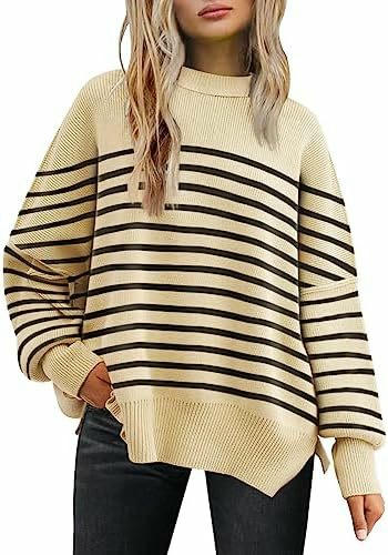Womens Crew Neck Batwing Long Sleeve Sweater Striped Knit Side Slit Pullover Top