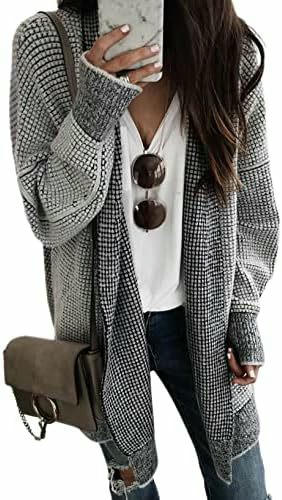 Women's Plaid Long-Sleeved Front Cardigan Oversized Thick Knitted Sweater Jacket 1