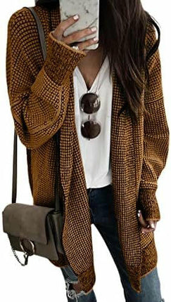 Women's Plaid Long-Sleeved Front Cardigan Oversized Thick Knitted Sweater Jacket