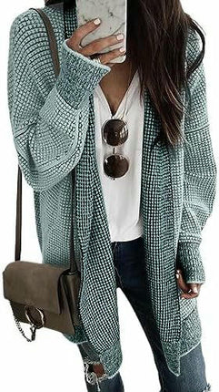 Women's Plaid Long-Sleeved Front Cardigan Oversized Thick Knitted Sweater Jacket