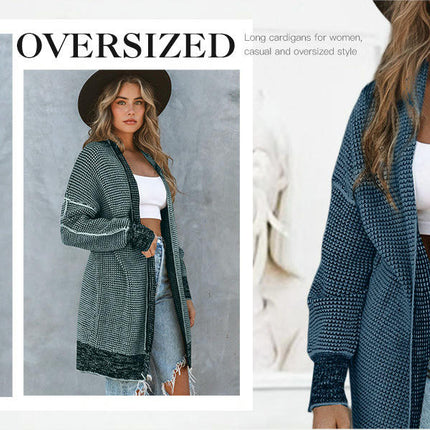Women's Plaid Long-Sleeved Front Cardigan Oversized Thick Knitted Sweater Jacket
