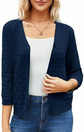 Women's 3/4 Sleeve Crochet Button Cardigan Cropped Lightweight Sweater Top