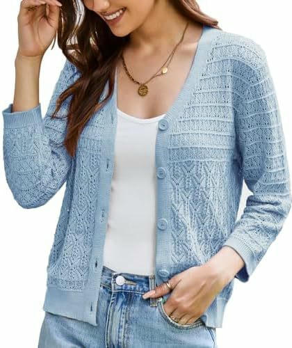 Women's 3/4 Sleeve Crochet Button Cardigan Cropped Lightweight Sweater Top 1