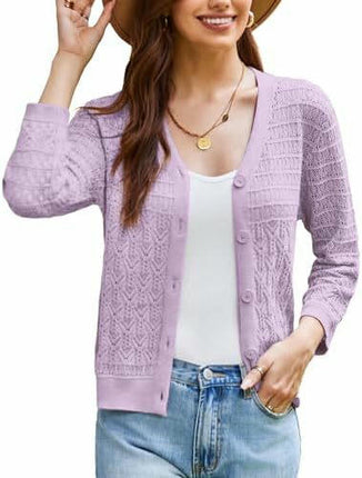 Women's 3/4 Sleeve Crochet Button Cardigan Cropped Lightweight Sweater Top
