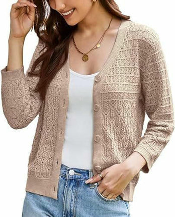 Women's 3/4 Sleeve Crochet Button Cardigan Cropped Lightweight Sweater Top