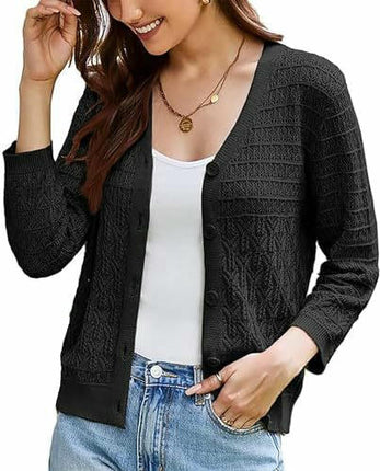 Women's 3/4 Sleeve Crochet Button Cardigan Cropped Lightweight Sweater Top