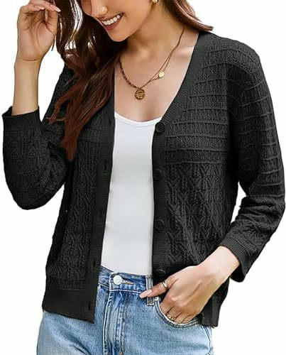 Women's 3/4 Sleeve Crochet Button Cardigan Cropped Lightweight Sweater Top