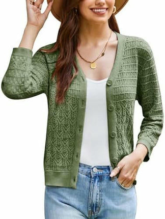 Women's 3/4 Sleeve Crochet Button Cardigan Cropped Lightweight Sweater Top
