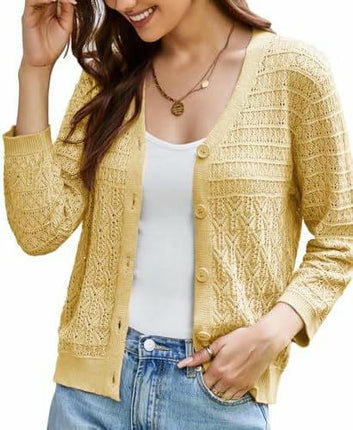Women's 3/4 Sleeve Crochet Button Cardigan Cropped Lightweight Sweater Top 1