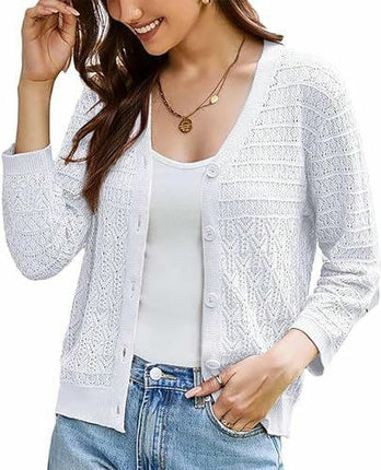 Women's 3/4 Sleeve Crochet Button Cardigan Cropped Lightweight Sweater Top