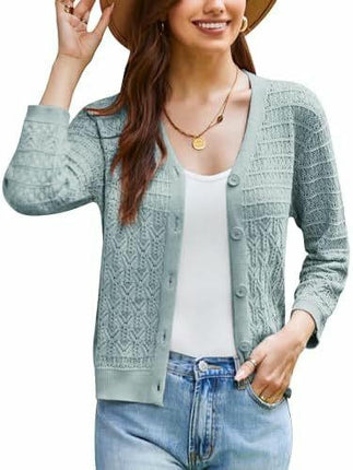 Women's 3/4 Sleeve Crochet Button Cardigan Cropped Lightweight Sweater Top