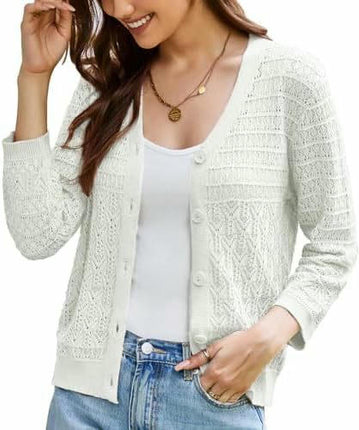 Women's 3/4 Sleeve Crochet Button Cardigan Cropped Lightweight Sweater Top