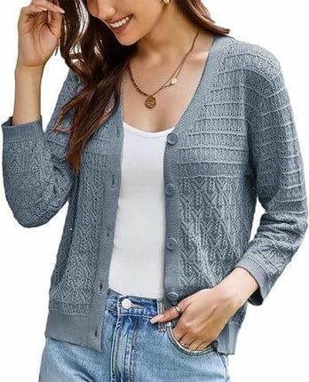 Women's 3/4 Sleeve Crochet Button Cardigan Cropped Lightweight Sweater Top