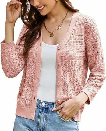Women's 3/4 Sleeve Crochet Button Cardigan Cropped Lightweight Sweater Top