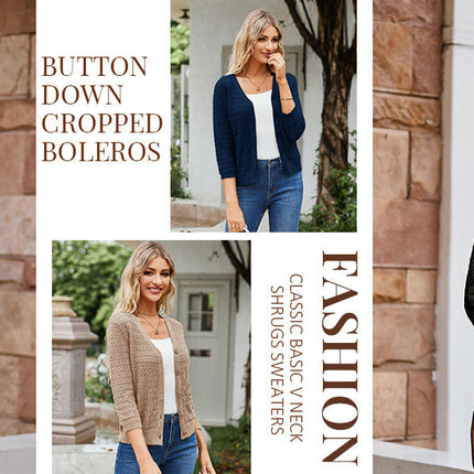Women's 3/4 Sleeve Crochet Button Cardigan Cropped Lightweight Sweater Top