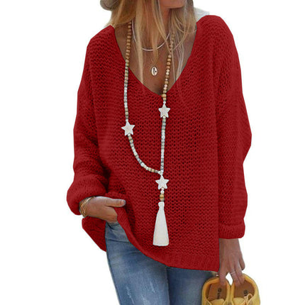 Women's V Neck Lightweight Hollow Out Long Sleeve Sexy Knit Sweater
