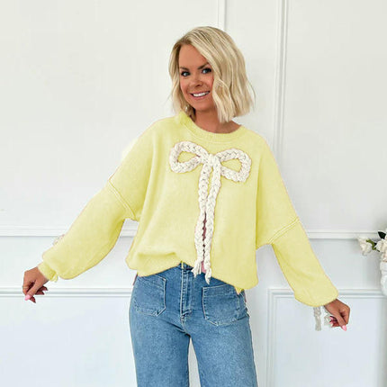 Women's Crew Neck Long Sleeve Knitted Sweater Handmade Whip Butterfly Top
