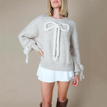Women's Crew Neck Long Sleeve Knitted Sweater Handmade Whip Butterfly Top