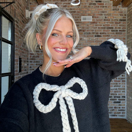 Women's Crew Neck Long Sleeve Knitted Sweater Handmade Whip Butterfly Top