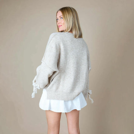 Women's Crew Neck Long Sleeve Knitted Sweater Handmade Whip Butterfly Top