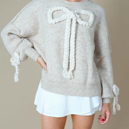 Women's Crew Neck Long Sleeve Knitted Sweater Handmade Whip Butterfly Top